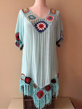 King Light Blue Crochet-Trim Women's Tunic with Fringe XL